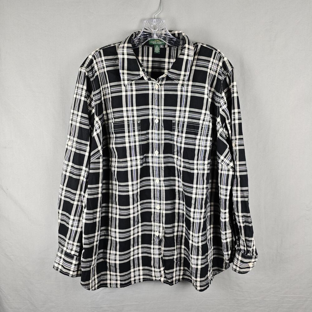 Lauren Ralph Lauren Shirt Womens 2X Black Plaid Button Front Long Sleeve Cotton